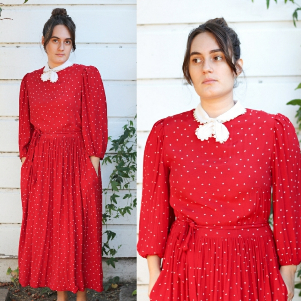 Vintage 1980s Red Print Dress Peter Pan Collar